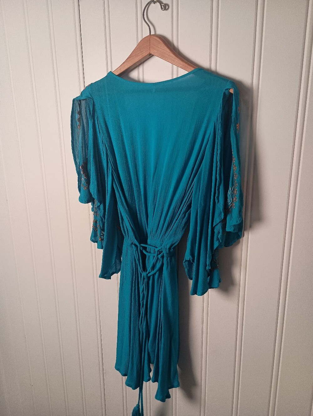 Free People- Teal Embroidered V-Neck Flutter Sleeve Mini Dress- Size S - Picture 5 of 9